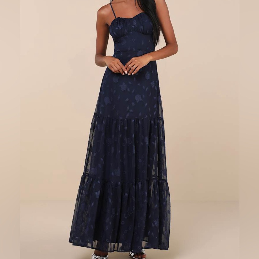 NWT Poised Grace Navy Blue Burnout Floral Bustier Tiered Maxi Dress